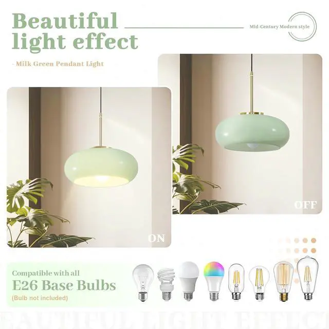 Alt view image 4 of 7 - Milk Green Pendant Light Mid Century Modern Ceiling Hanging Lamp Gold Brass Glass Light Fixtures with Dome Green Glassshade Glass Hanging Pendant Lamp for Dining Room Kitchen