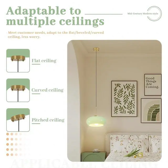 Alt view image 5 of 7 - Milk Green Pendant Light Mid Century Modern Ceiling Hanging Lamp Gold Brass Glass Light Fixtures with Dome Green Glassshade Glass Hanging Pendant Lamp for Dining Room Kitchen