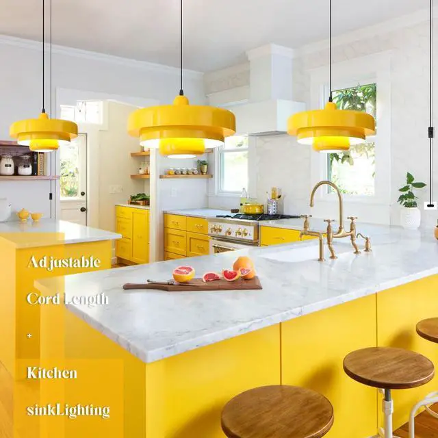 Alt view image 6 of 7 - Mid Century Modern Plug in Ceiling Pendant Light Vintage Plug in Hanging Light with 3-Layer Yellow Metal Shade Plug in Cord Nordic Pendant Lighting Fixture for Bedroom Living Room