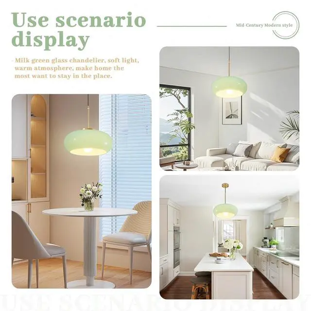 Alt view image 6 of 7 - Milk Green Pendant Light Mid Century Modern Ceiling Hanging Lamp Gold Brass Glass Light Fixtures with Dome Green Glassshade Glass Hanging Pendant Lamp for Dining Room Kitchen