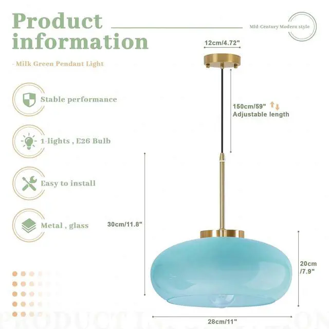 Alt view image 2 of 7 - Light Blue Glass Pendant Light Fixture Milk Glass Hanging Lights Kitchen Island Modern 1 Light Mid Century Ceiling Pendant Light Fixtures 11" Globe Shade Farmhouse Gold Hanging Lighting