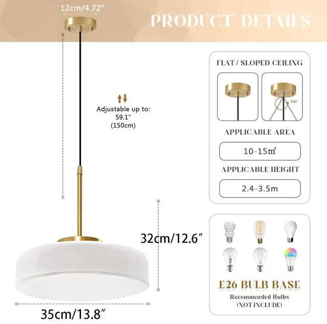 Alt view image 2 of 7 - Mid Century Modern Pendant Lighting Fixture White Glass Pendant Light Brushed Gold Hanging Lights Antique Farmhouse Single Light Dome Round Shade Vintage Hanging Lamp Kitchen Island