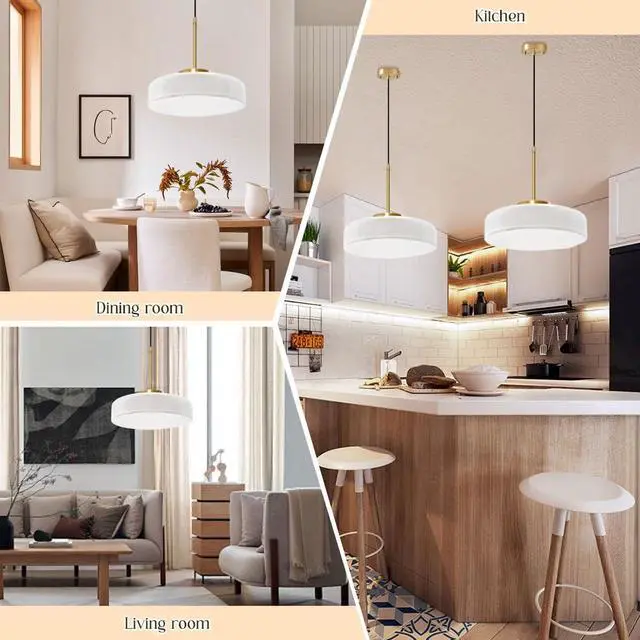 Alt view image 6 of 7 - Mid Century Modern Pendant Lighting Fixture White Glass Pendant Light Brushed Gold Hanging Lights Antique Farmhouse Single Light Dome Round Shade Vintage Hanging Lamp Kitchen Island