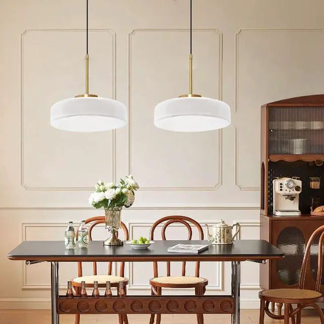 Alt view image 7 of 7 - Mid Century Modern Pendant Lighting Fixture White Glass Pendant Light Brushed Gold Hanging Lights Antique Farmhouse Single Light Dome Round Shade Vintage Hanging Lamp Kitchen Island
