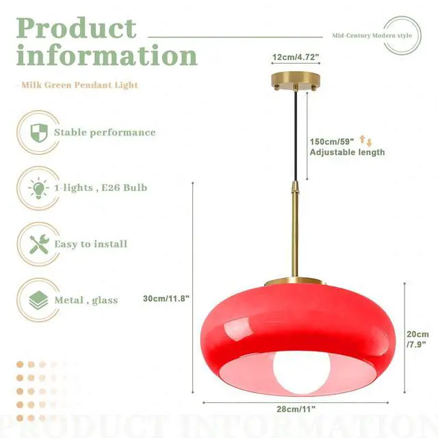 Alt view image 2 of 7 - Modern Pendant Lights Kitchen Island Red Glass Dome Shade, Mid Century Farmhouse Pendant Lighting with Gold Socket, Dining Room Large Glass Globe Hanging Light Vintage Lights Fixtures