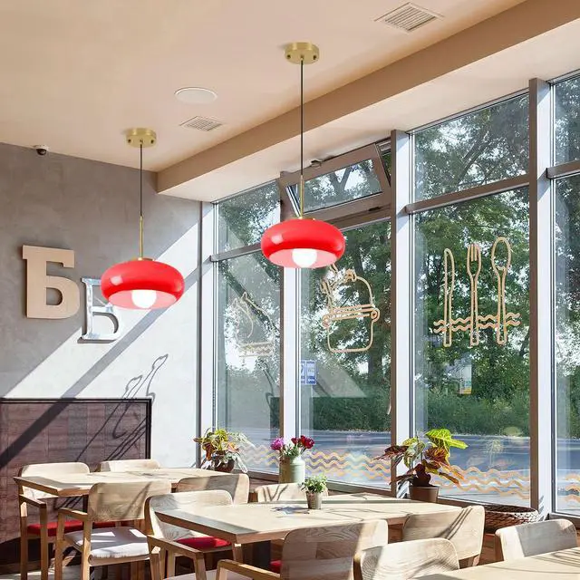 Alt view image 4 of 7 - Modern Pendant Lights Kitchen Island Red Glass Dome Shade, Mid Century Farmhouse Pendant Lighting with Gold Socket, Dining Room Large Glass Globe Hanging Light Vintage Lights Fixtures