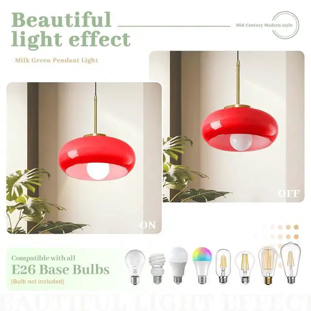 Alt view image 3 of 7 - Modern Pendant Lights Kitchen Island Red Glass Dome Shade, Mid Century Farmhouse Pendant Lighting with Gold Socket, Dining Room Large Glass Globe Hanging Light Vintage Lights Fixtures