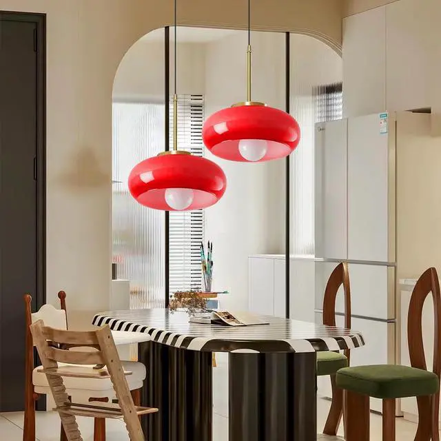 Alt view image 5 of 7 - Modern Pendant Lights Kitchen Island Red Glass Dome Shade, Mid Century Farmhouse Pendant Lighting with Gold Socket, Dining Room Large Glass Globe Hanging Light Vintage Lights Fixtures