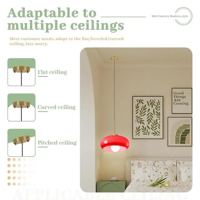 Alt view image 7 of 7 - Modern Pendant Lights Kitchen Island Red Glass Dome Shade, Mid Century Farmhouse Pendant Lighting with Gold Socket, Dining Room Large Glass Globe Hanging Light Vintage Lights Fixtures