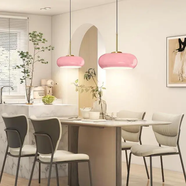 Alt view image 4 of 7 - Pink Pendant Light Mid Century Modern Hanging Lamp Gold Brass 1-Light Fixtures with Dome Pink Glass Shade Glass Hanging Pendant Light for Dining Room Bedroom Kitchen Island