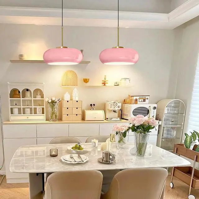 Alt view image 6 of 7 - Pink Pendant Light Mid Century Modern Hanging Lamp Gold Brass 1-Light Fixtures with Dome Pink Glass Shade Glass Hanging Pendant Light for Dining Room Bedroom Kitchen Island