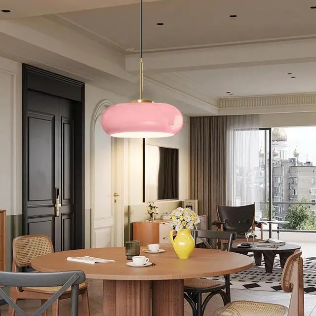 Alt view image 7 of 7 - Pink Pendant Light Mid Century Modern Hanging Lamp Gold Brass 1-Light Fixtures with Dome Pink Glass Shade Glass Hanging Pendant Light for Dining Room Bedroom Kitchen Island