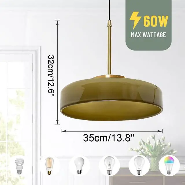 Alt view image 2 of 7 - Large Glass Hanging Light Fixture Mid Century Green Pendant Lights Dome Round Shade Brushed Gold Ceiling Hanging Light Modern Pendant Lights for Farmhouse Dining Room Kitchen Island