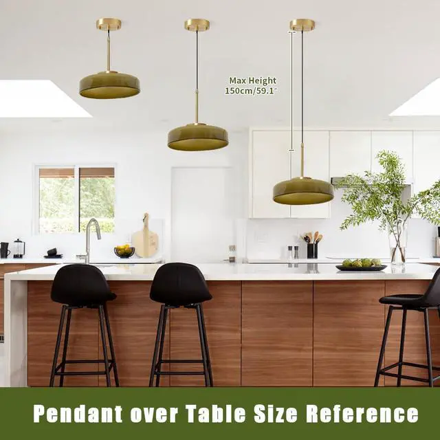 Alt view image 3 of 7 - Large Glass Hanging Light Fixture Mid Century Green Pendant Lights Dome Round Shade Brushed Gold Ceiling Hanging Light Modern Pendant Lights for Farmhouse Dining Room Kitchen Island