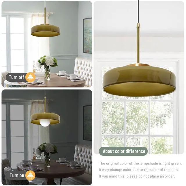 Alt view image 6 of 7 - Large Glass Hanging Light Fixture Mid Century Green Pendant Lights Dome Round Shade Brushed Gold Ceiling Hanging Light Modern Pendant Lights for Farmhouse Dining Room Kitchen Island
