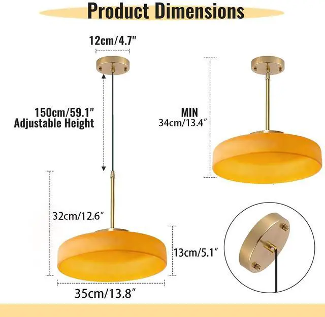 Alt view image 2 of 7 - Mid Century Modern Pendant Light 13.8In Orange Glass Gold Brass Hanging Lamp Kitchen Island Large Glass Pendant Lamp Vintage Farmhouse Dining Room Chandelier 1-Light for Over Table