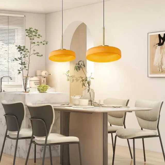 Alt view image 3 of 7 - Mid Century Modern Pendant Light 13.8In Orange Glass Gold Brass Hanging Lamp Kitchen Island Large Glass Pendant Lamp Vintage Farmhouse Dining Room Chandelier 1-Light for Over Table