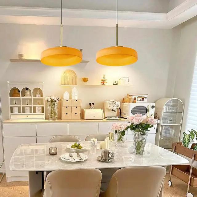 Alt view image 4 of 7 - Mid Century Modern Pendant Light 13.8In Orange Glass Gold Brass Hanging Lamp Kitchen Island Large Glass Pendant Lamp Vintage Farmhouse Dining Room Chandelier 1-Light for Over Table