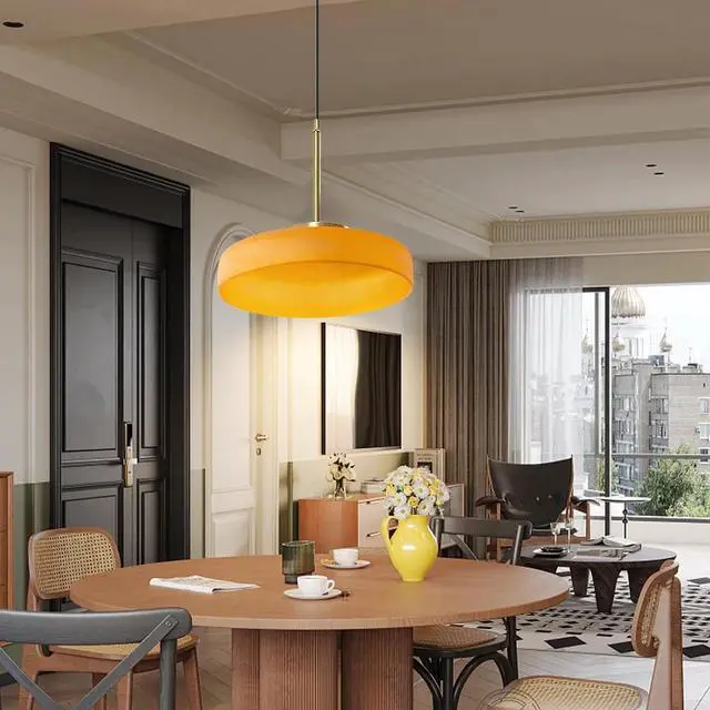 Alt view image 7 of 7 - Mid Century Modern Pendant Light 13.8In Orange Glass Gold Brass Hanging Lamp Kitchen Island Large Glass Pendant Lamp Vintage Farmhouse Dining Room Chandelier 1-Light for Over Table