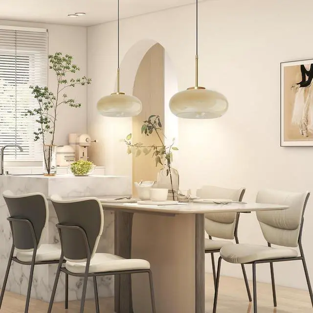 Alt view image 5 of 7 - mid Century Ceiling Pendant Light Glass Pendant Lighting Gold with Milk Yellow Glass Shade Modern Pendant Lamp Vintage Pendant Light Fixtures for Dining Room Bedroom Kitchen Island