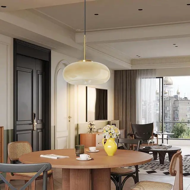 Alt view image 6 of 7 - mid Century Ceiling Pendant Light Glass Pendant Lighting Gold with Milk Yellow Glass Shade Modern Pendant Lamp Vintage Pendant Light Fixtures for Dining Room Bedroom Kitchen Island