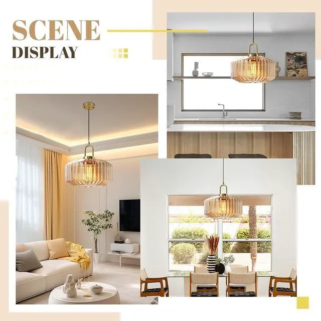 Alt view image 4 of 7 - Gold Pendant Light Amber Glass Pendant Lights Modern Large Globe Ceiling Lights Mid Century Single Hanging Light Kitchen Island Ceiling Hanging Lamp Dining Room Lighting Fixtures