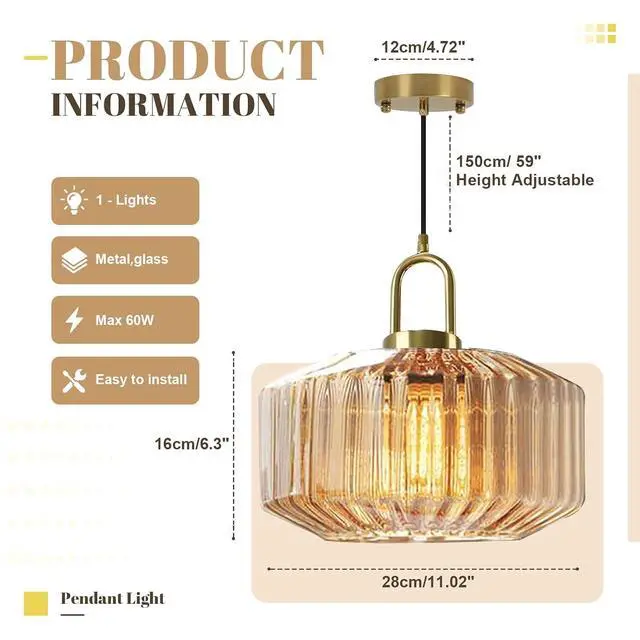 Alt view image 2 of 7 - Gold Pendant Light Amber Glass Pendant Lights Modern Large Globe Ceiling Lights Mid Century Single Hanging Light Kitchen Island Ceiling Hanging Lamp Dining Room Lighting Fixtures