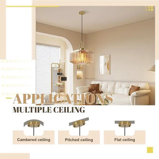 Alt view image 5 of 7 - Gold Pendant Light Amber Glass Pendant Lights Modern Large Globe Ceiling Lights Mid Century Single Hanging Light Kitchen Island Ceiling Hanging Lamp Dining Room Lighting Fixtures