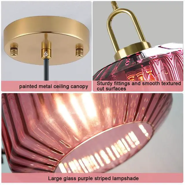 Alt view image 3 of 7 - Vintage Ribbed Glass Pendant Light Brushed Gold Globe Hanging Lights Kitchen Island Purple Round Lamp Shade Mid Century Dining Room Hanging Light Nordic Chandelier for Dining Bedroom