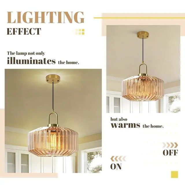Alt view image 7 of 7 - Gold Pendant Light Amber Glass Pendant Lights Modern Large Globe Ceiling Lights Mid Century Single Hanging Light Kitchen Island Ceiling Hanging Lamp Dining Room Lighting Fixtures