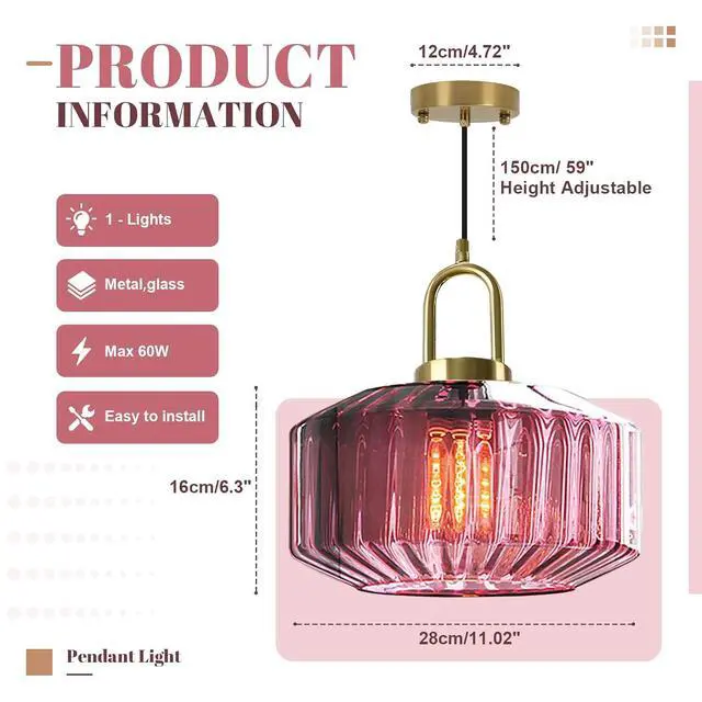 Alt view image 2 of 7 - Vintage Ribbed Glass Pendant Light Brushed Gold Globe Hanging Lights Kitchen Island Purple Round Lamp Shade Mid Century Dining Room Hanging Light Nordic Chandelier for Dining Bedroom