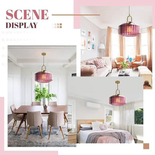 Alt view image 4 of 7 - Vintage Ribbed Glass Pendant Light Brushed Gold Globe Hanging Lights Kitchen Island Purple Round Lamp Shade Mid Century Dining Room Hanging Light Nordic Chandelier for Dining Bedroom
