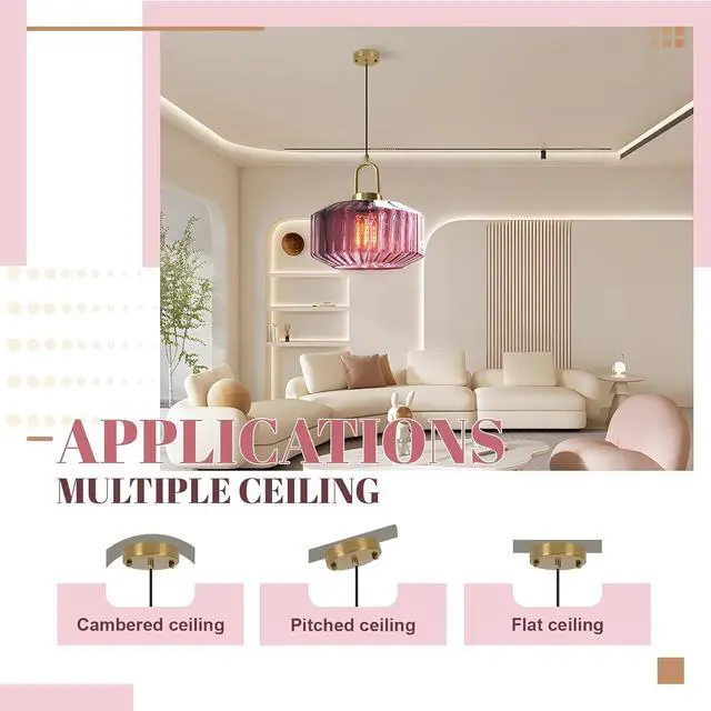 Alt view image 5 of 7 - Vintage Ribbed Glass Pendant Light Brushed Gold Globe Hanging Lights Kitchen Island Purple Round Lamp Shade Mid Century Dining Room Hanging Light Nordic Chandelier for Dining Bedroom