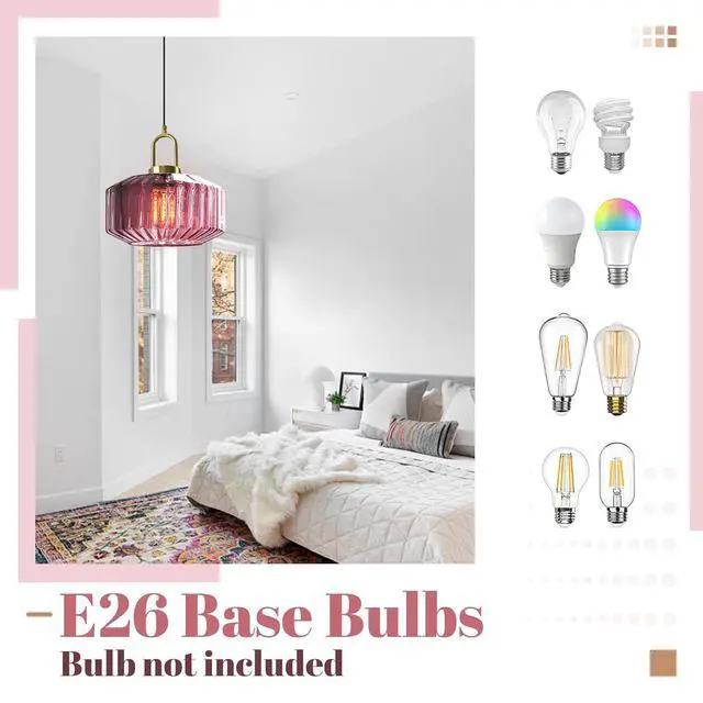Alt view image 6 of 7 - Vintage Ribbed Glass Pendant Light Brushed Gold Globe Hanging Lights Kitchen Island Purple Round Lamp Shade Mid Century Dining Room Hanging Light Nordic Chandelier for Dining Bedroom