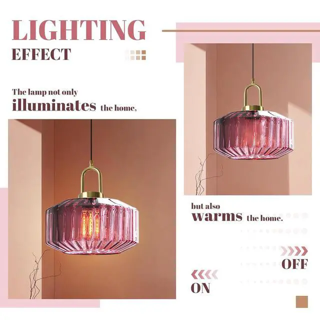 Alt view image 7 of 7 - Vintage Ribbed Glass Pendant Light Brushed Gold Globe Hanging Lights Kitchen Island Purple Round Lamp Shade Mid Century Dining Room Hanging Light Nordic Chandelier for Dining Bedroom