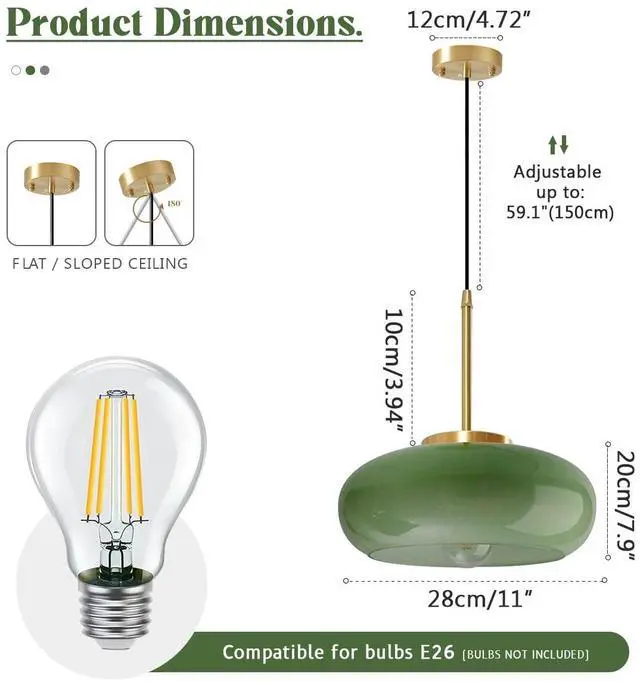 Alt view image 2 of 7 - Milk Glass Pendant Light Antique Gold Hanging Lights Milk Dark Green Shade Vintage Modern Pendant Light Fixtures Adjustable Height Drop Mid-Century Semi Flush Mount Pendant Lighting