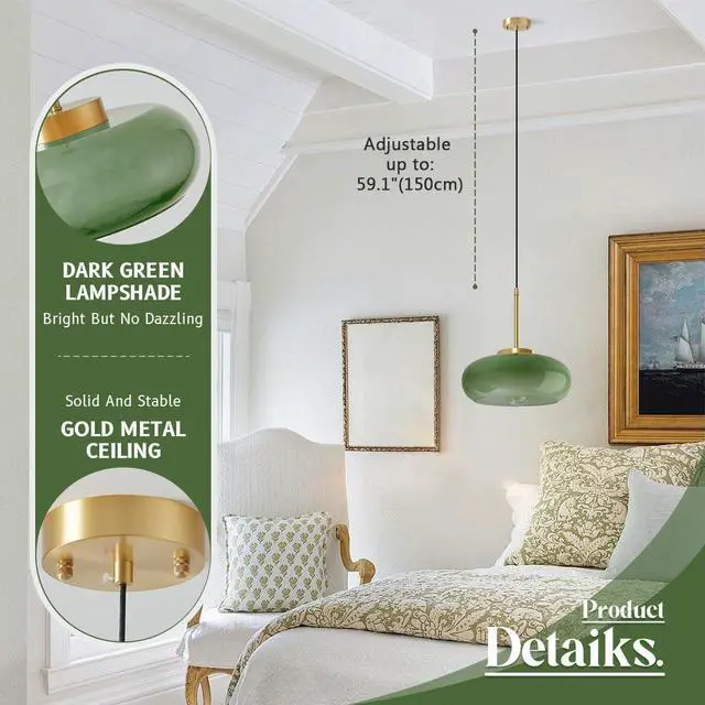 Alt view image 3 of 7 - Milk Glass Pendant Light Antique Gold Hanging Lights Milk Dark Green Shade Vintage Modern Pendant Light Fixtures Adjustable Height Drop Mid-Century Semi Flush Mount Pendant Lighting