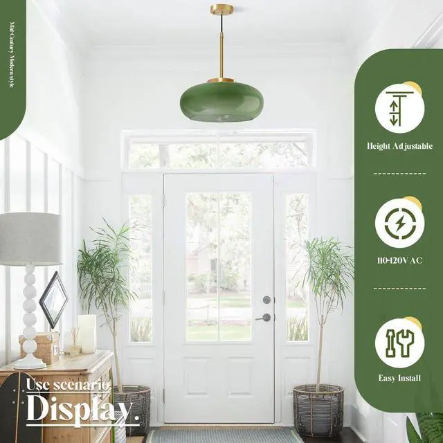 Alt view image 4 of 7 - Milk Glass Pendant Light Antique Gold Hanging Lights Milk Dark Green Shade Vintage Modern Pendant Light Fixtures Adjustable Height Drop Mid-Century Semi Flush Mount Pendant Lighting