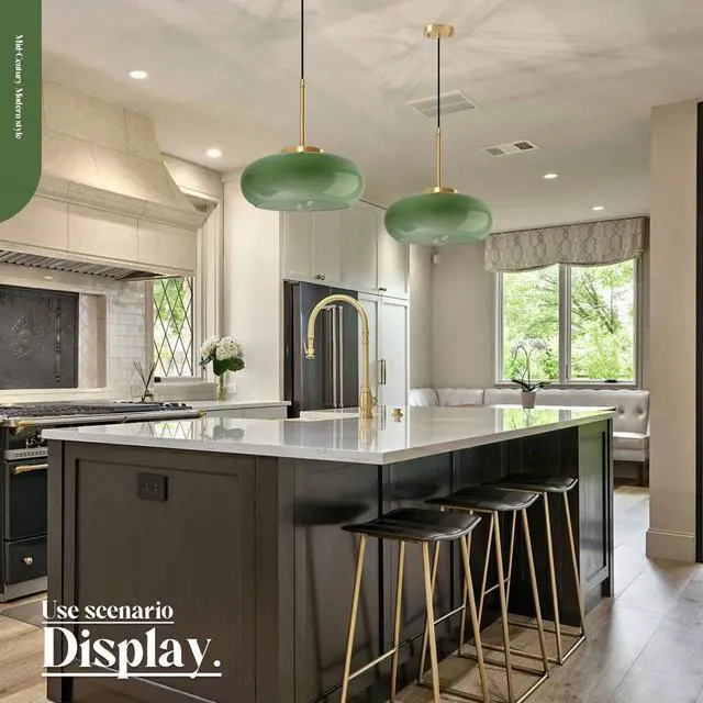 Alt view image 5 of 7 - Milk Glass Pendant Light Antique Gold Hanging Lights Milk Dark Green Shade Vintage Modern Pendant Light Fixtures Adjustable Height Drop Mid-Century Semi Flush Mount Pendant Lighting