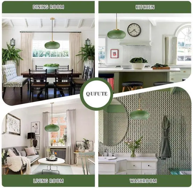 Alt view image 7 of 7 - Milk Glass Pendant Light Antique Gold Hanging Lights Milk Dark Green Shade Vintage Modern Pendant Light Fixtures Adjustable Height Drop Mid-Century Semi Flush Mount Pendant Lighting