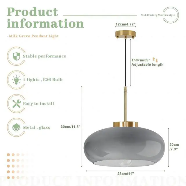 Alt view image 2 of 7 - Gray Glass Pendant Light Mid Century 11" Glass Hanging Light Kitchen Island Round Dome Chandelier Adjustable Ceiling Pendant Lights Gold Brass Finished for Dining Bedroom Entryway