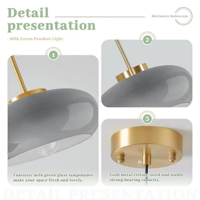 Alt view image 3 of 7 - Gray Glass Pendant Light Mid Century 11" Glass Hanging Light Kitchen Island Round Dome Chandelier Adjustable Ceiling Pendant Lights Gold Brass Finished for Dining Bedroom Entryway