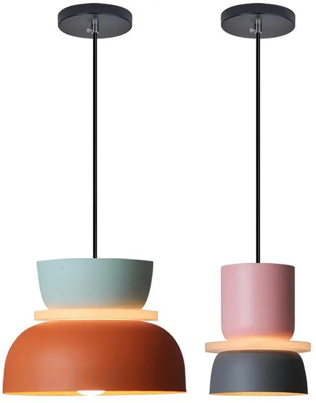 Main image of Mid Century Pendant Light Fixture with Orange Light Blue Aluminum Shade, Modern Hanging Light Fixture with Pink Navy Blue Aluminum Shade