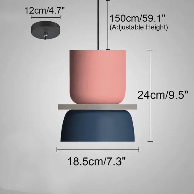 Alt view image 3 of 7 - Mid Century Pendant Light Fixture with Orange Light Blue Aluminum Shade, Modern Hanging Light Fixture with Pink Navy Blue Aluminum Shade