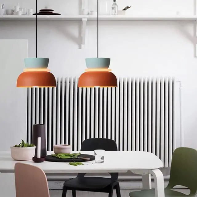 Alt view image 4 of 7 - Mid Century Pendant Light Fixture with Orange Light Blue Aluminum Shade, Modern Hanging Light Fixture with Pink Navy Blue Aluminum Shade