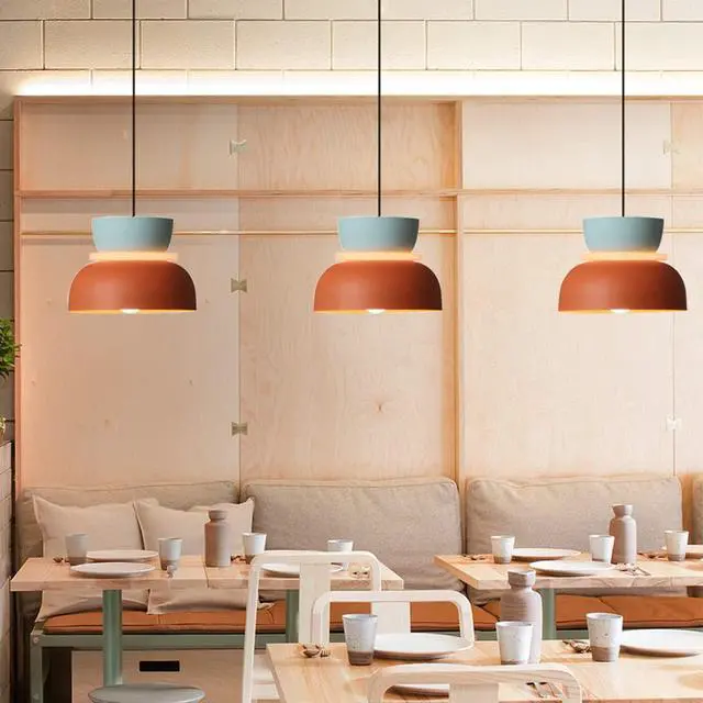 Alt view image 5 of 7 - Mid Century Pendant Light Fixture with Orange Light Blue Aluminum Shade, Modern Hanging Light Fixture with Pink Navy Blue Aluminum Shade