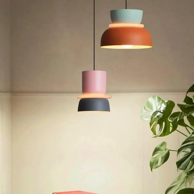 Alt view image 6 of 7 - Mid Century Pendant Light Fixture with Orange Light Blue Aluminum Shade, Modern Hanging Light Fixture with Pink Navy Blue Aluminum Shade