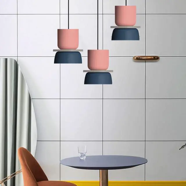 Alt view image 7 of 7 - Mid Century Pendant Light Fixture with Orange Light Blue Aluminum Shade, Modern Hanging Light Fixture with Pink Navy Blue Aluminum Shade