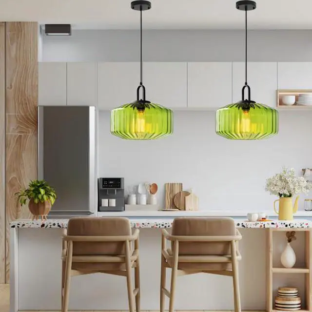 Alt view image 2 of 7 - Green Pendant Light - Mid Century Modern Glass Hanging Light with Striped Shade for Dining Room, Bedroom, Kitchen