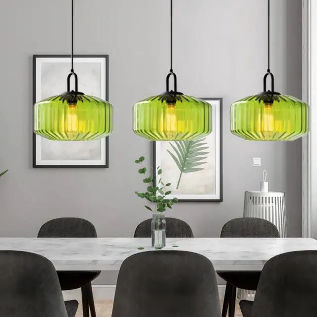Alt view image 3 of 7 - Green Pendant Light - Mid Century Modern Glass Hanging Light with Striped Shade for Dining Room, Bedroom, Kitchen